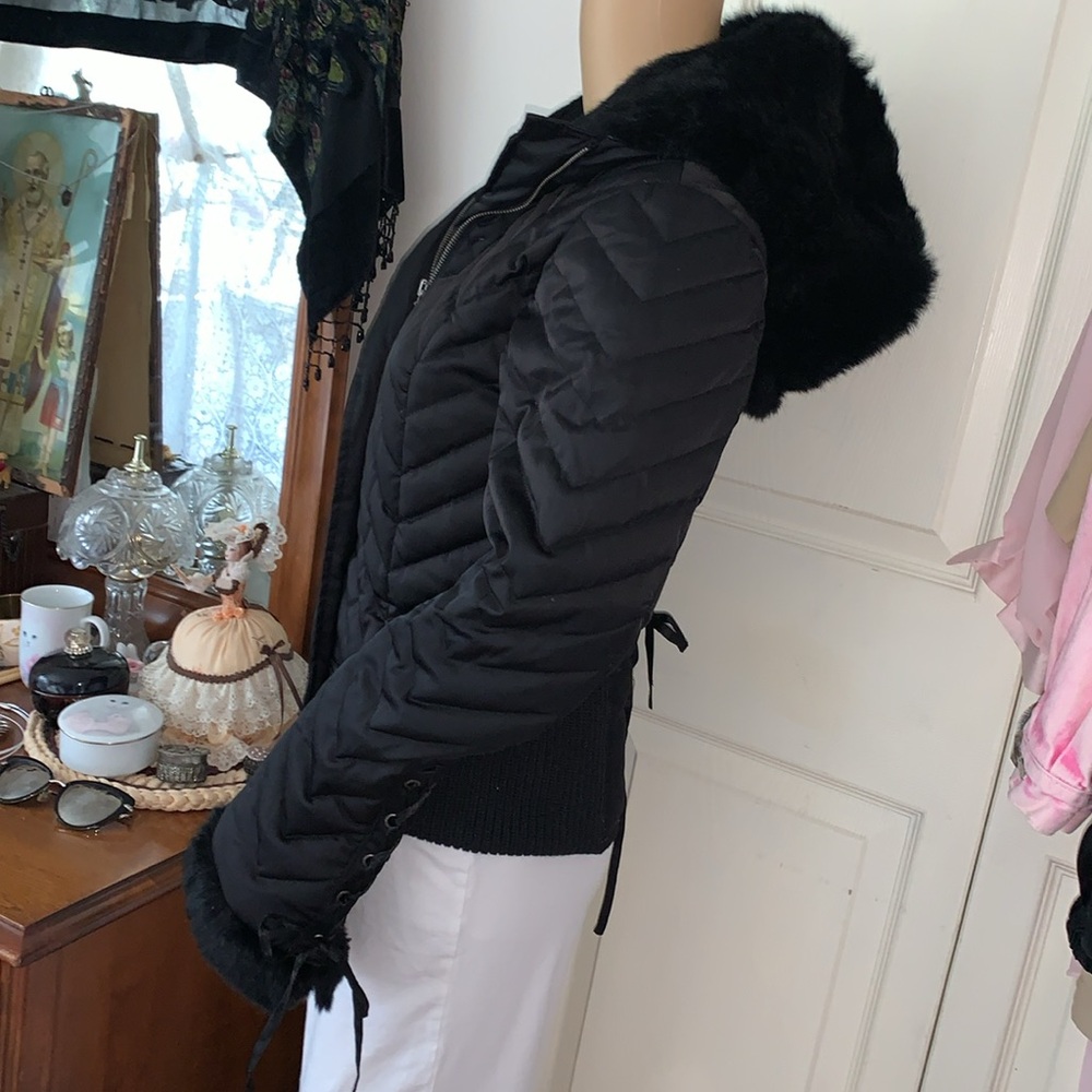 Bebe RARE Y2K Lace Up corset HOODED DOWN Fill Genuine Rabbit FUR jacket M🇨🇦 - Picture 6 of 15